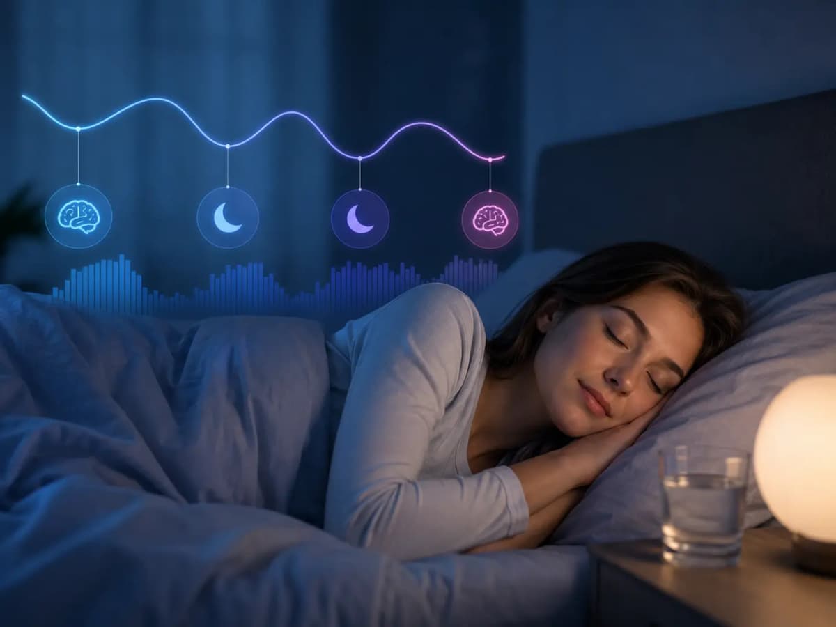 Woman sleeping peacefully at night with a glowing graphic overlay of brain and moon icons connected by a wave, illustrating the stages of a sleep cycle
