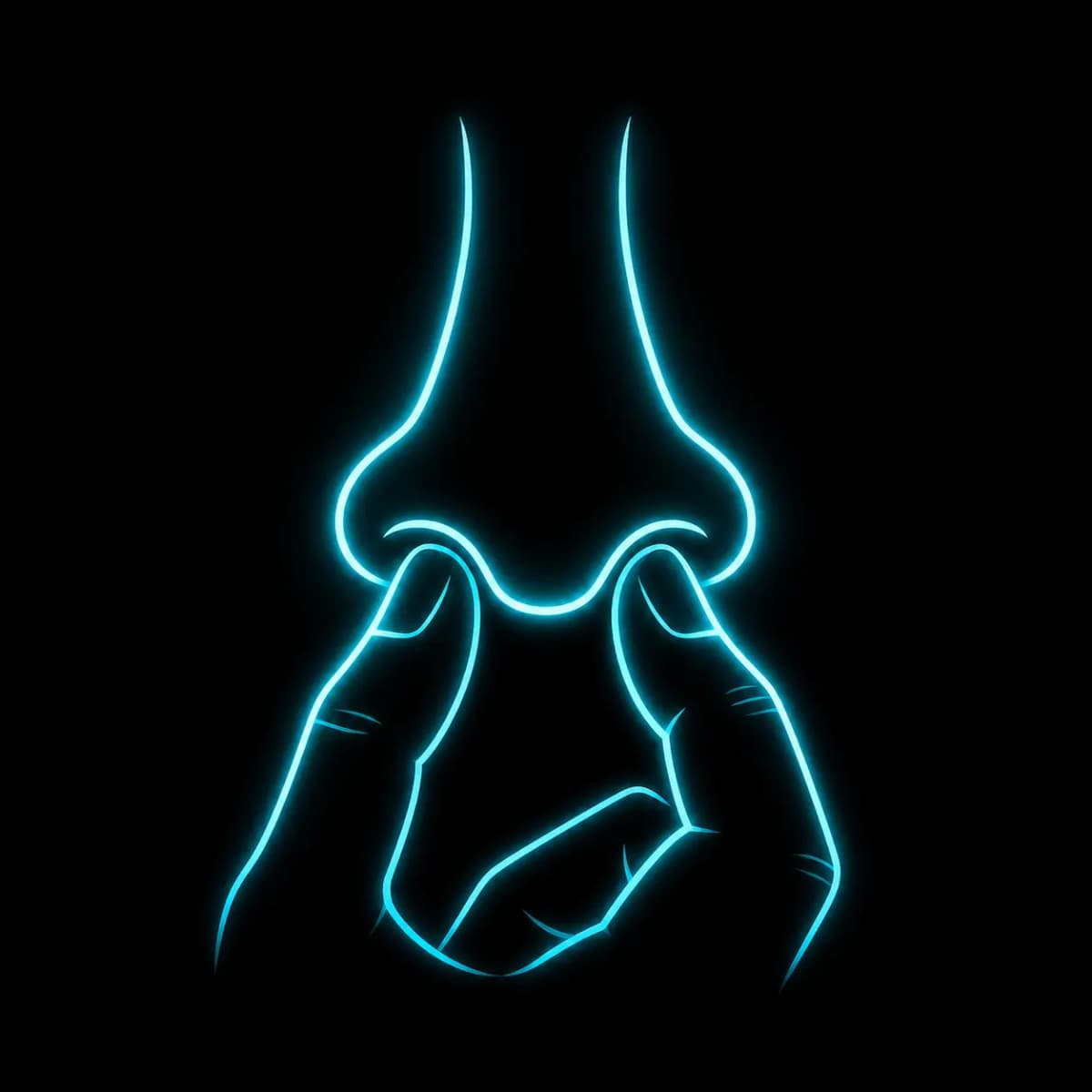 Glowing line drawing of a hand pinching both nostrils shut between thumb and index finger