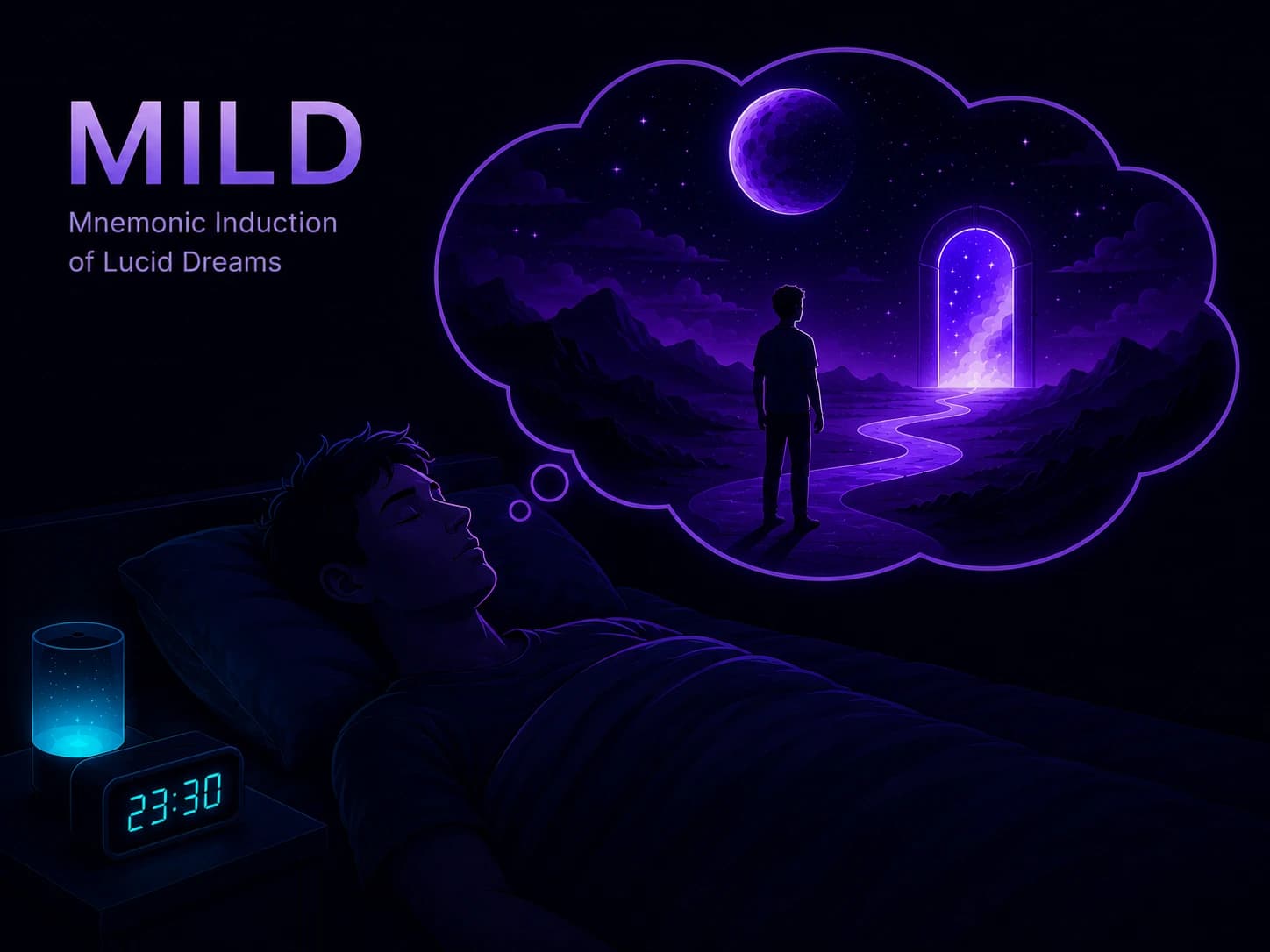 Calm bedroom scene in soft purple light, symbolic of the intention MILD anchors before sleep