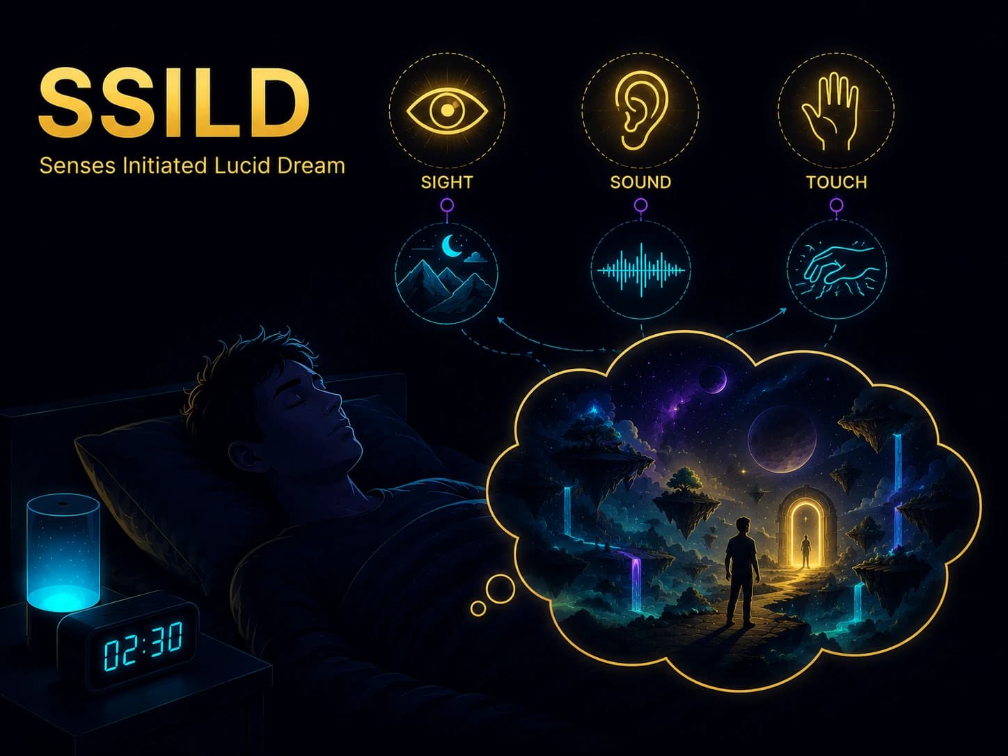 Person lying completely still in bed, soft blue ambient light, eyes closed, suggesting the liminal state of the SSILD technique