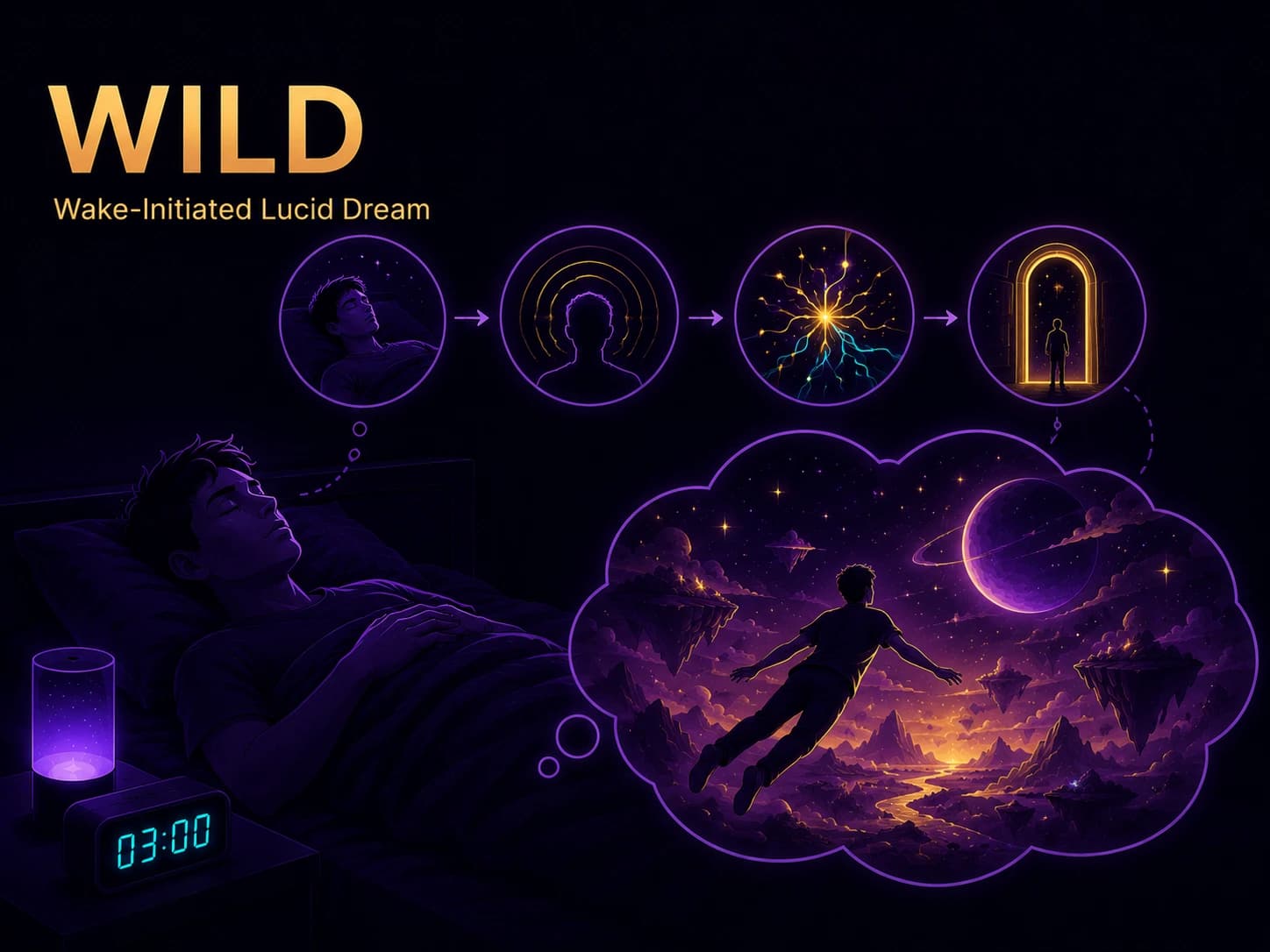 Dark scene with floating light patterns, symbolic of the hypnagogic imagery during the transition from waking to sleep