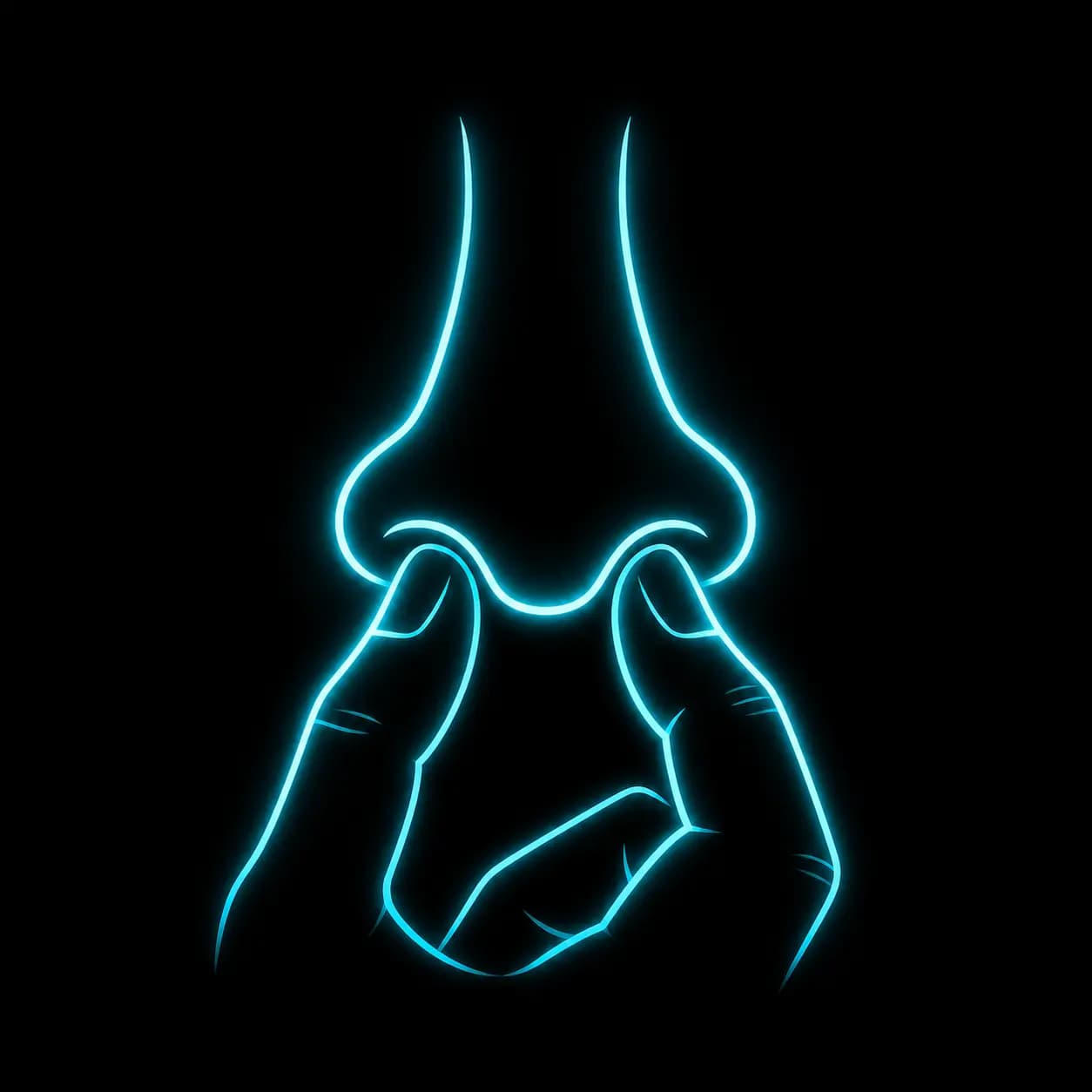 Glowing line drawing of a hand pinching both nostrils shut between thumb and index finger