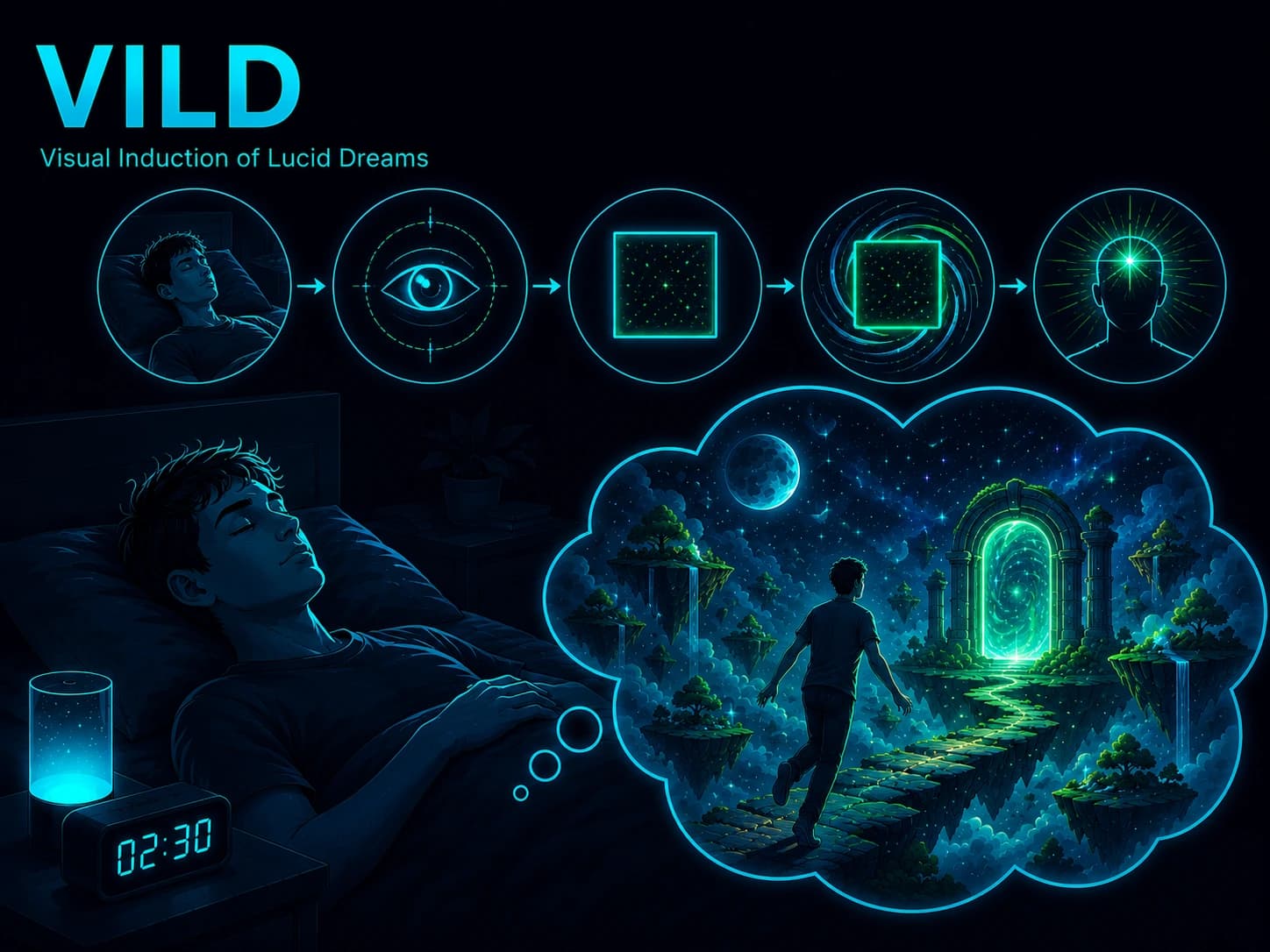 Man lying in bed with his eyes closed at 2:30 a.m., above him a sequence of an eye, an image frame and a point of light, beside him a thought bubble with a dream scene of floating islands and a glowing gate